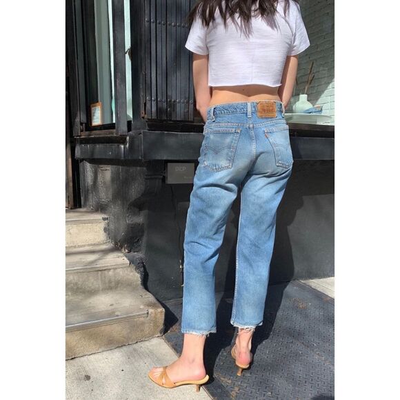 LEVIS 505 - Vtg 70s-80s Made In USA Orange Tab Distressed Blue Jeans - Picture 1 of 10